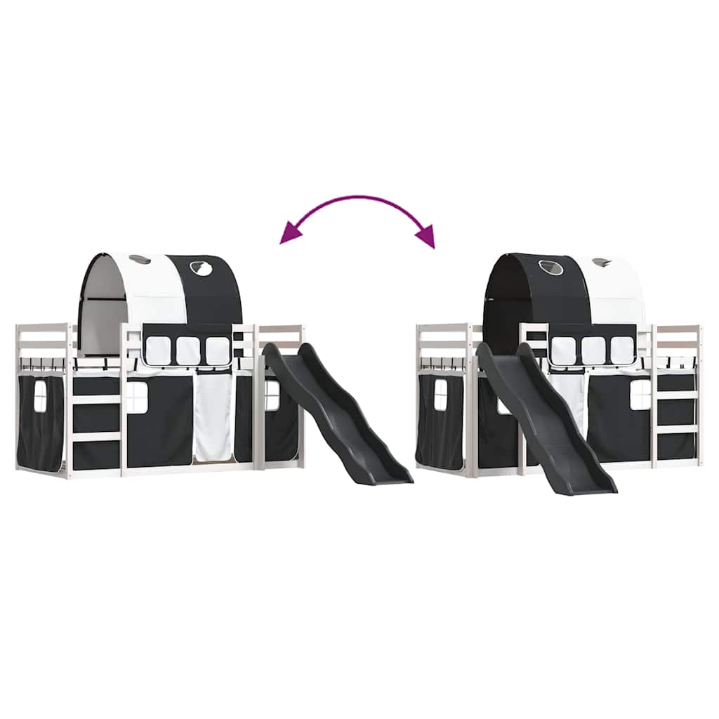 Letto a Castello con Scivolo e Tende Bianco e Nero 90x200 cm | homemem39