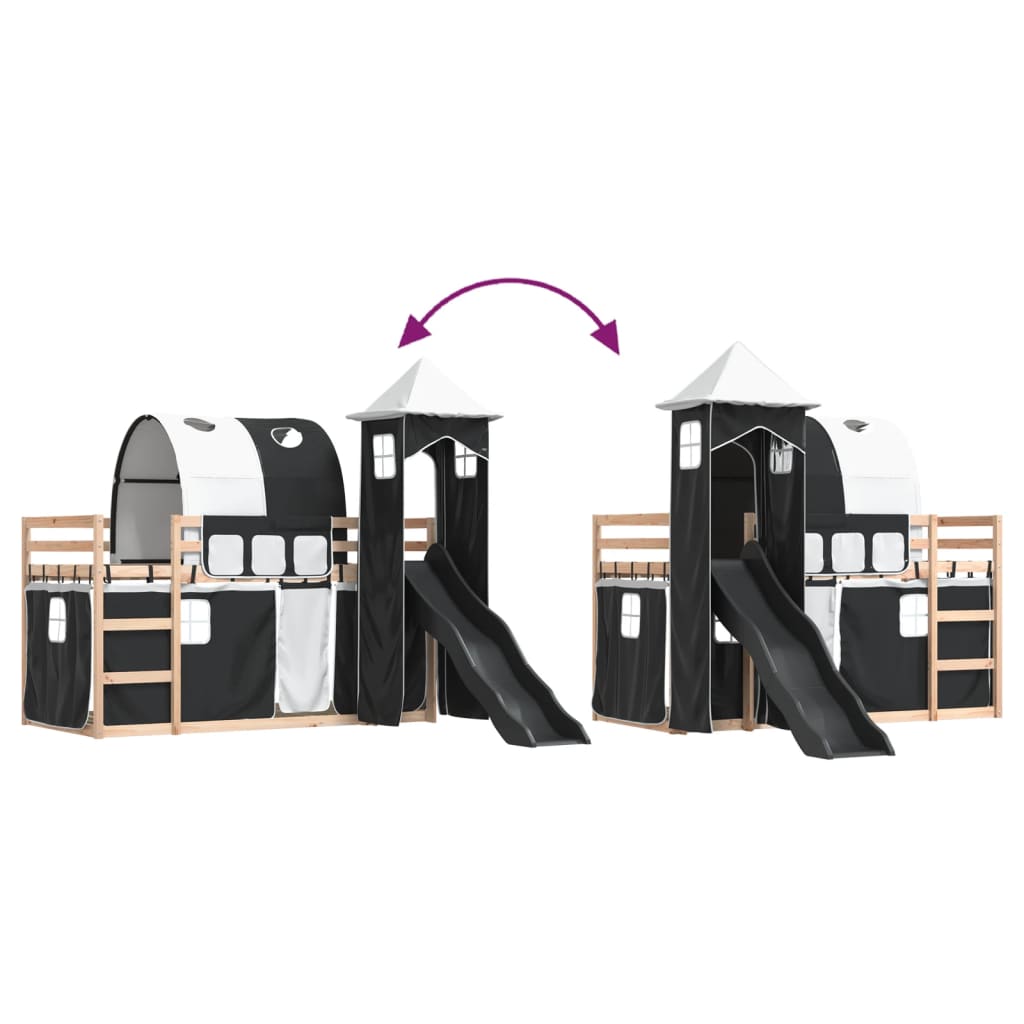 Letto a Castello con Scivolo e Tende Bianco e Nero 90x200 cm - homemem39