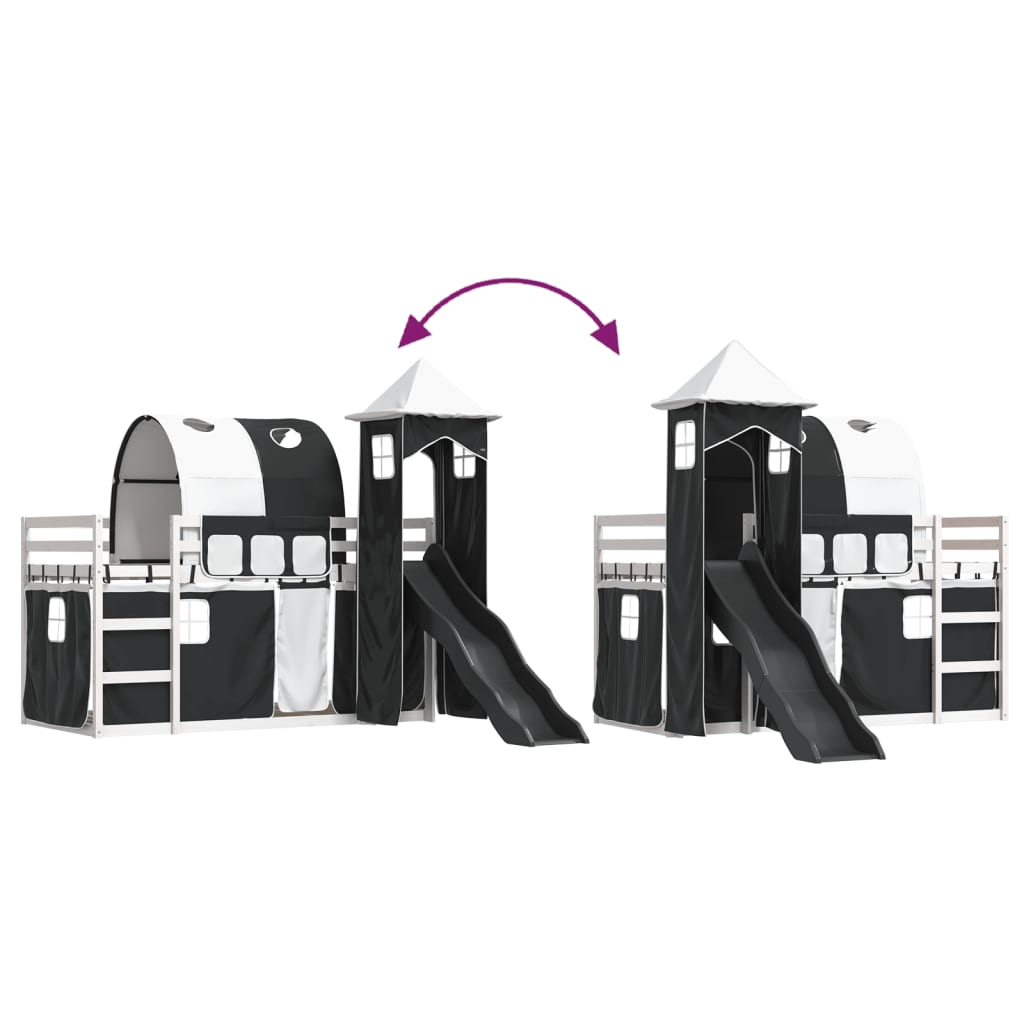 Letto a Castello con Scivolo e Tende Bianco e Nero 80x200 cm - homemem39