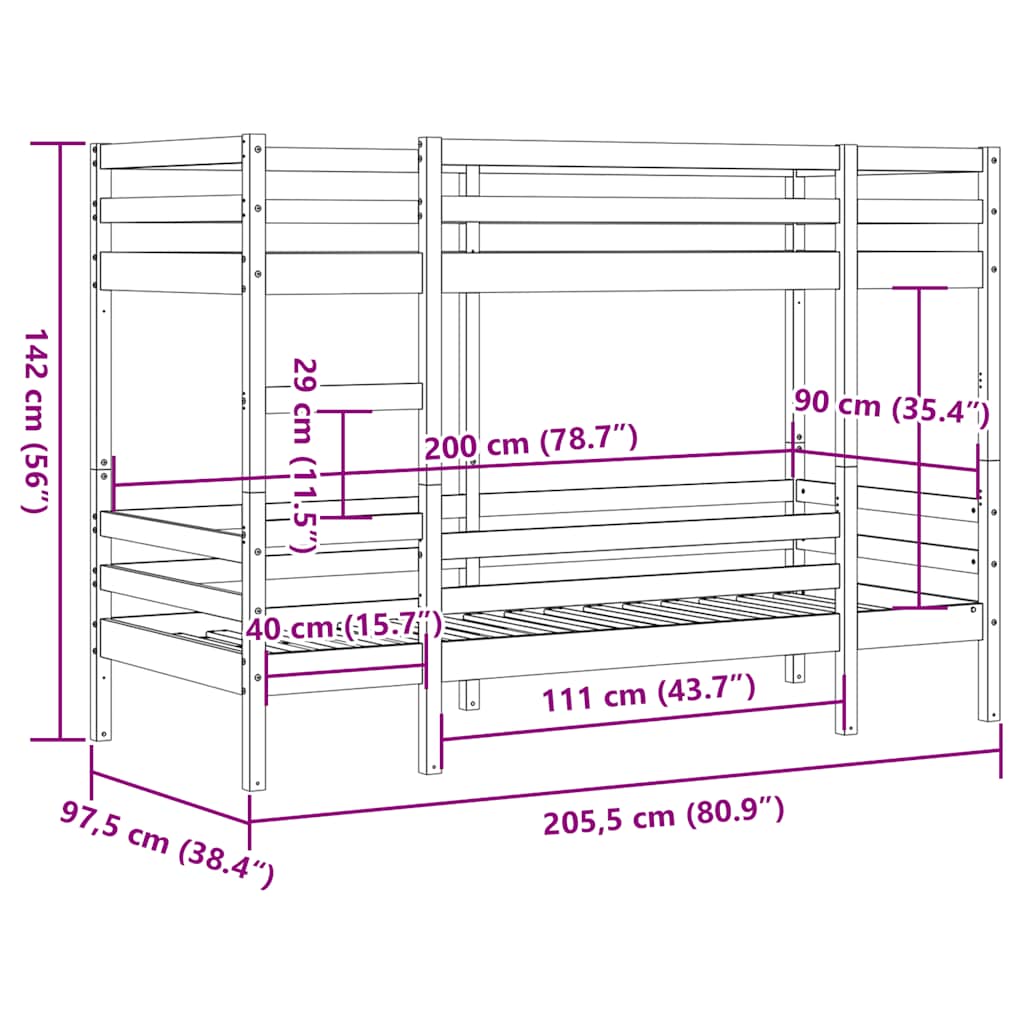 Letto a Castello senza Materasso 90x200cm Massello Pino