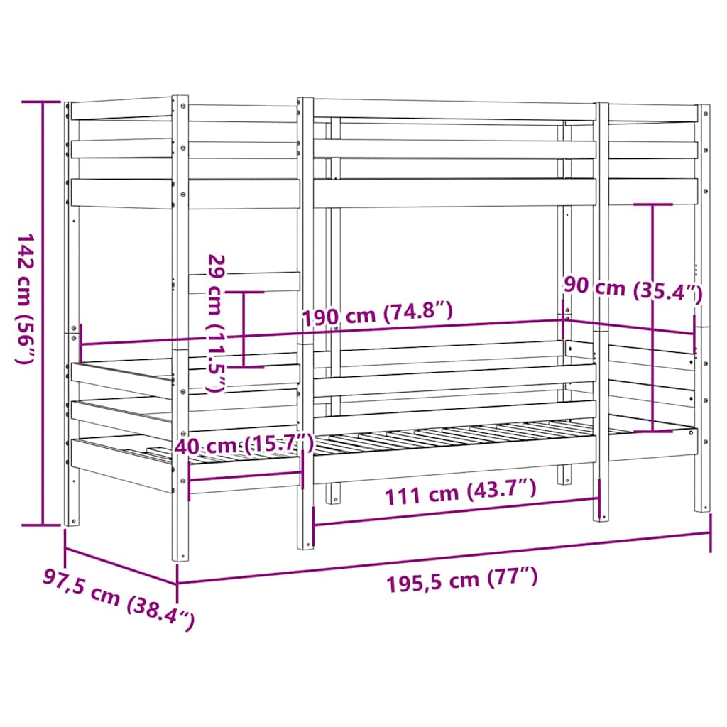 Letto a Castello senza Materasso 90x190 cm Legno di Pino | homemem39