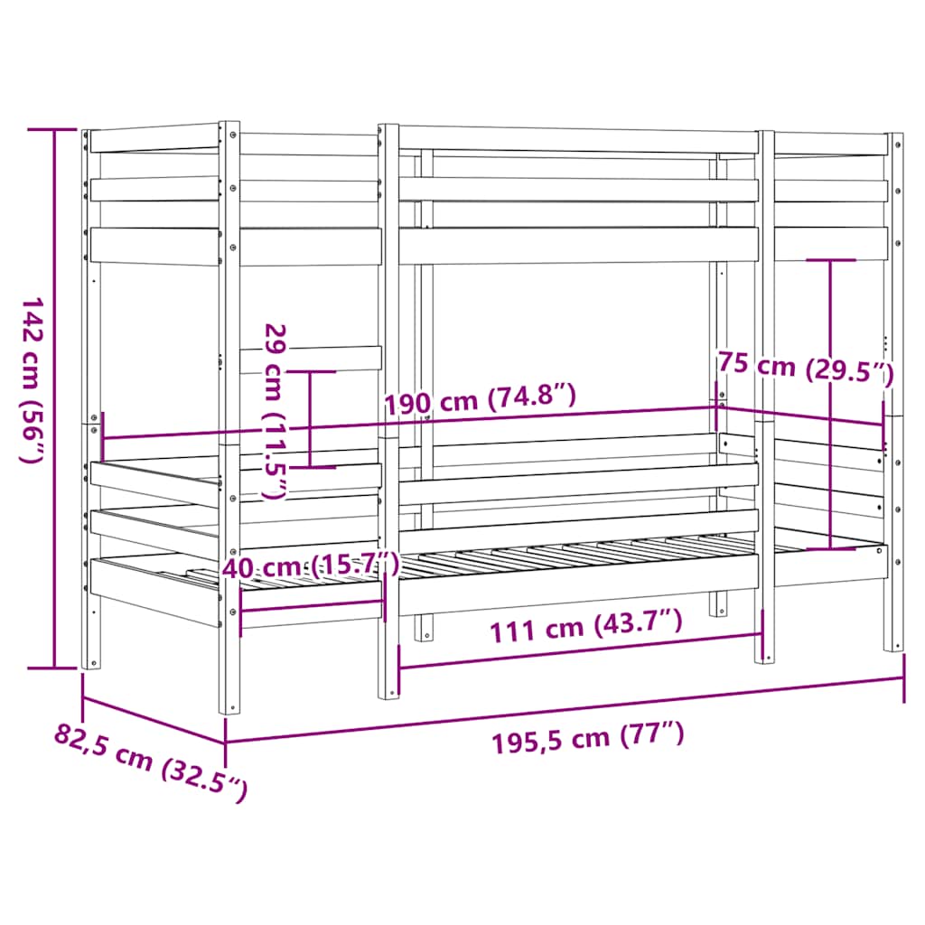 Letto a Castello Bianco 75x190 cm in Legno Massello di Pino | homemem39