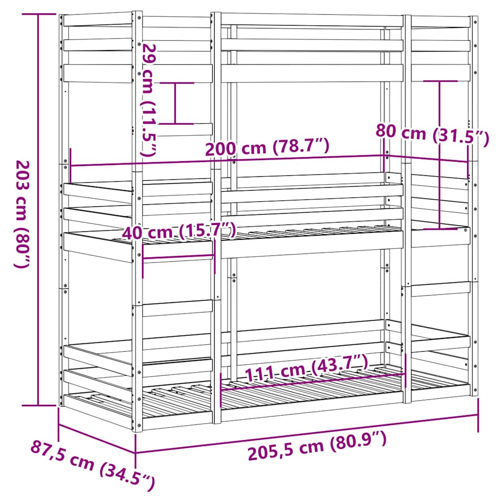 Letto Castello Triplo Marrone Cera 80x200cm Legno Massello Pino | homemem39