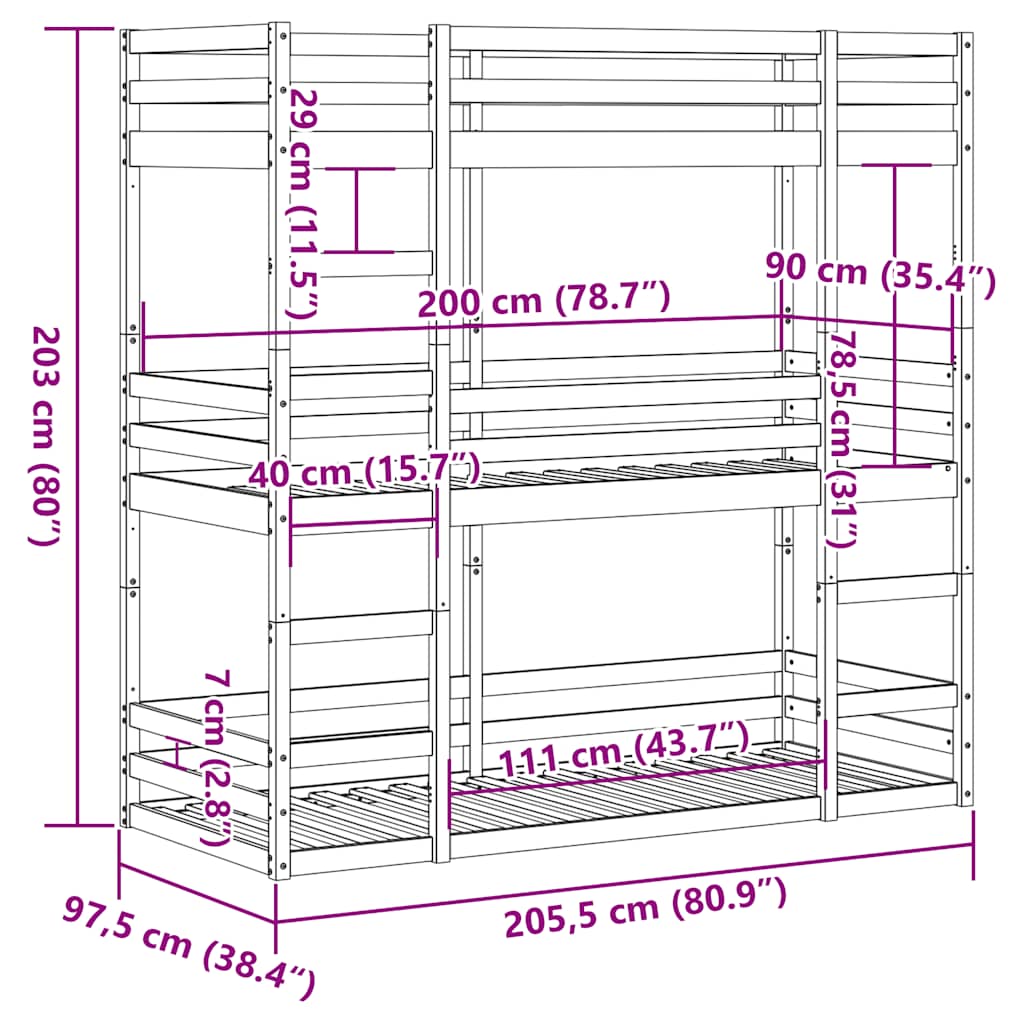 Letto a Castello Triplo Bianco 90x200 cm Legno Massello di Pino | homemem39