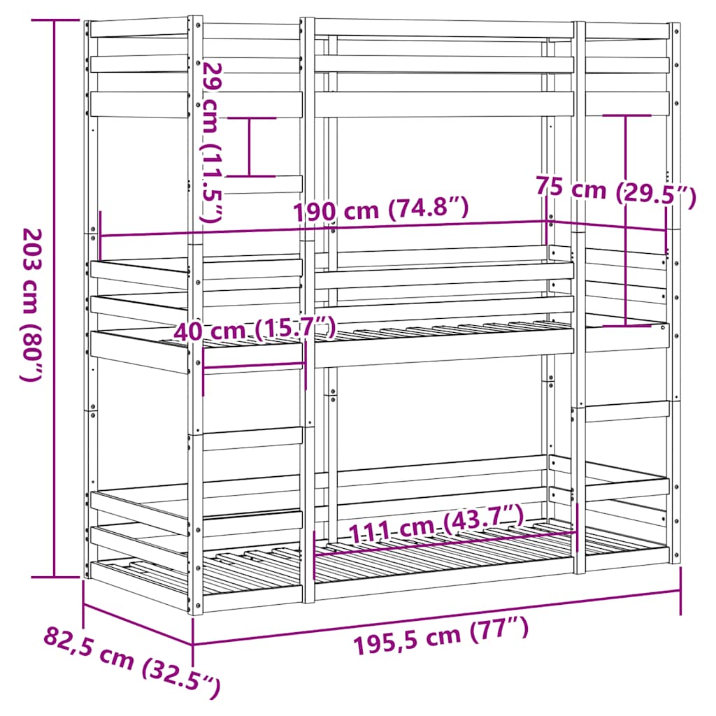 Letto a Castello Triplo Bianco 75x190 cm Legno Massello di Pino | homemem39