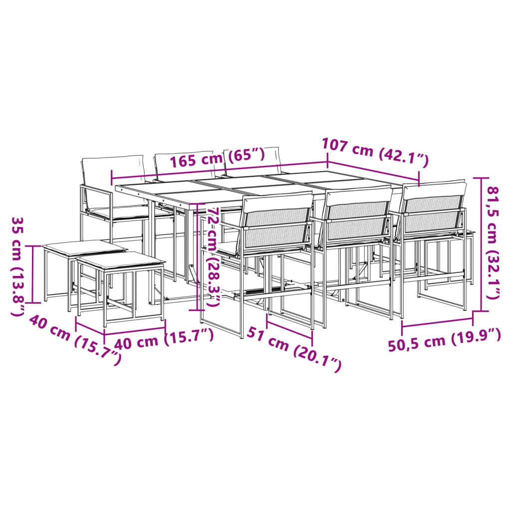 Set da Pranzo da Giardino 11 pz con Cuscini Nero in Textilene | homemem39
