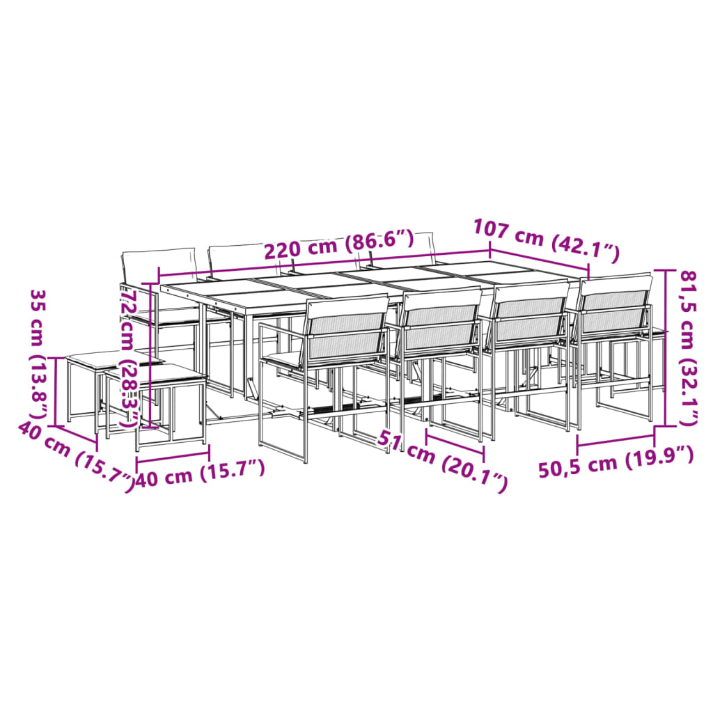 Set da Pranzo da Giardino 13 pz con Cuscini Nero in Textilene | homemem39
