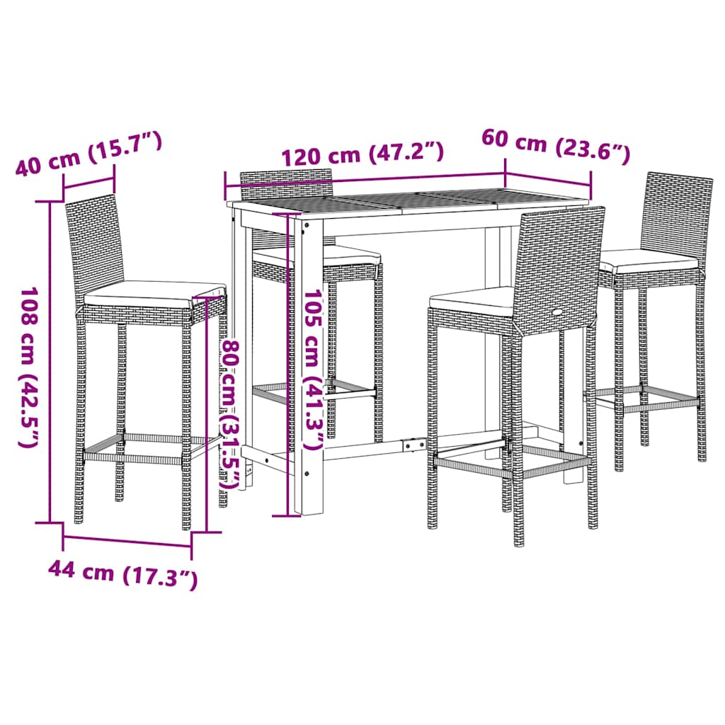 Set Bar da Giardino 5 pz Nero in Legno Acacia e Polyrattan | homemem39
