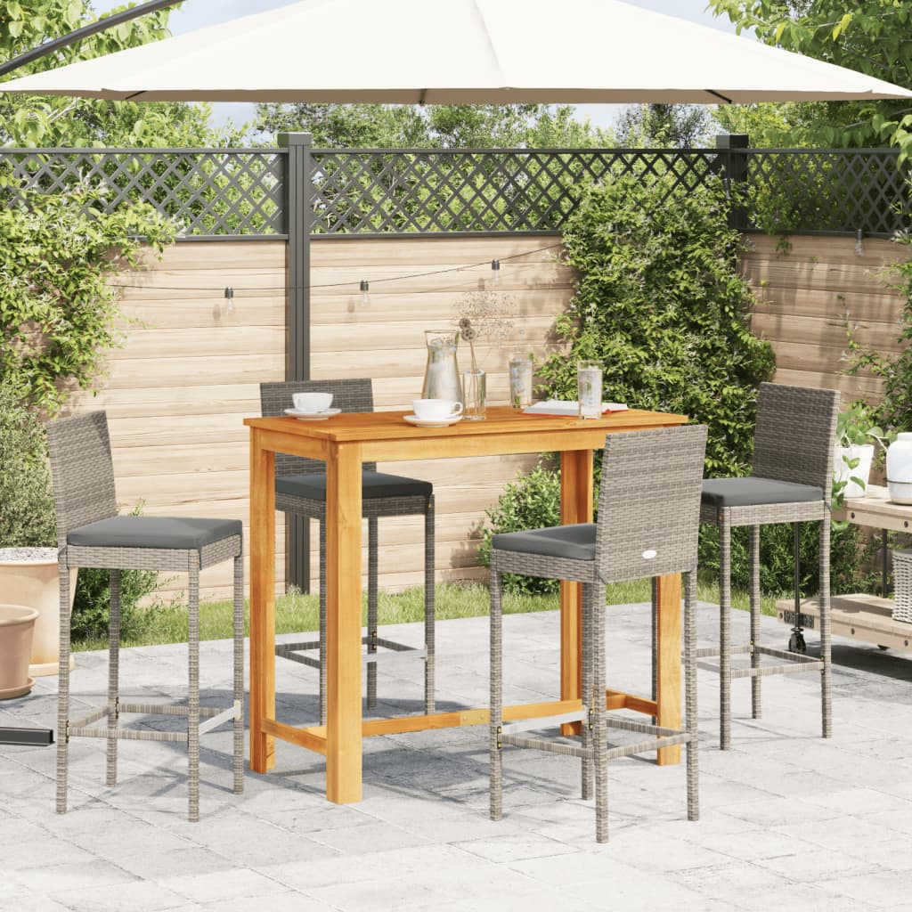 Set Bar Giardino 5pz Grigio Legno Massello Acacia e Polyrattan | homemem39