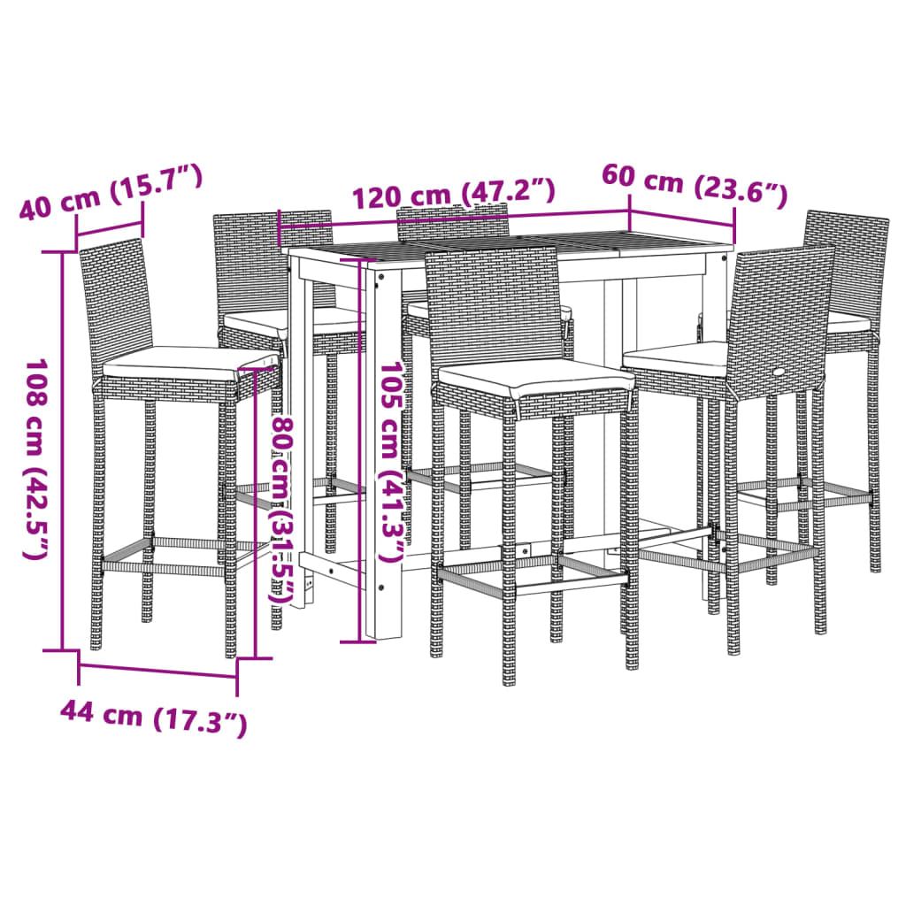 Set Bar da Giardino 7 pz Grigio in Legno Acacia e Polyrattan | homemem39