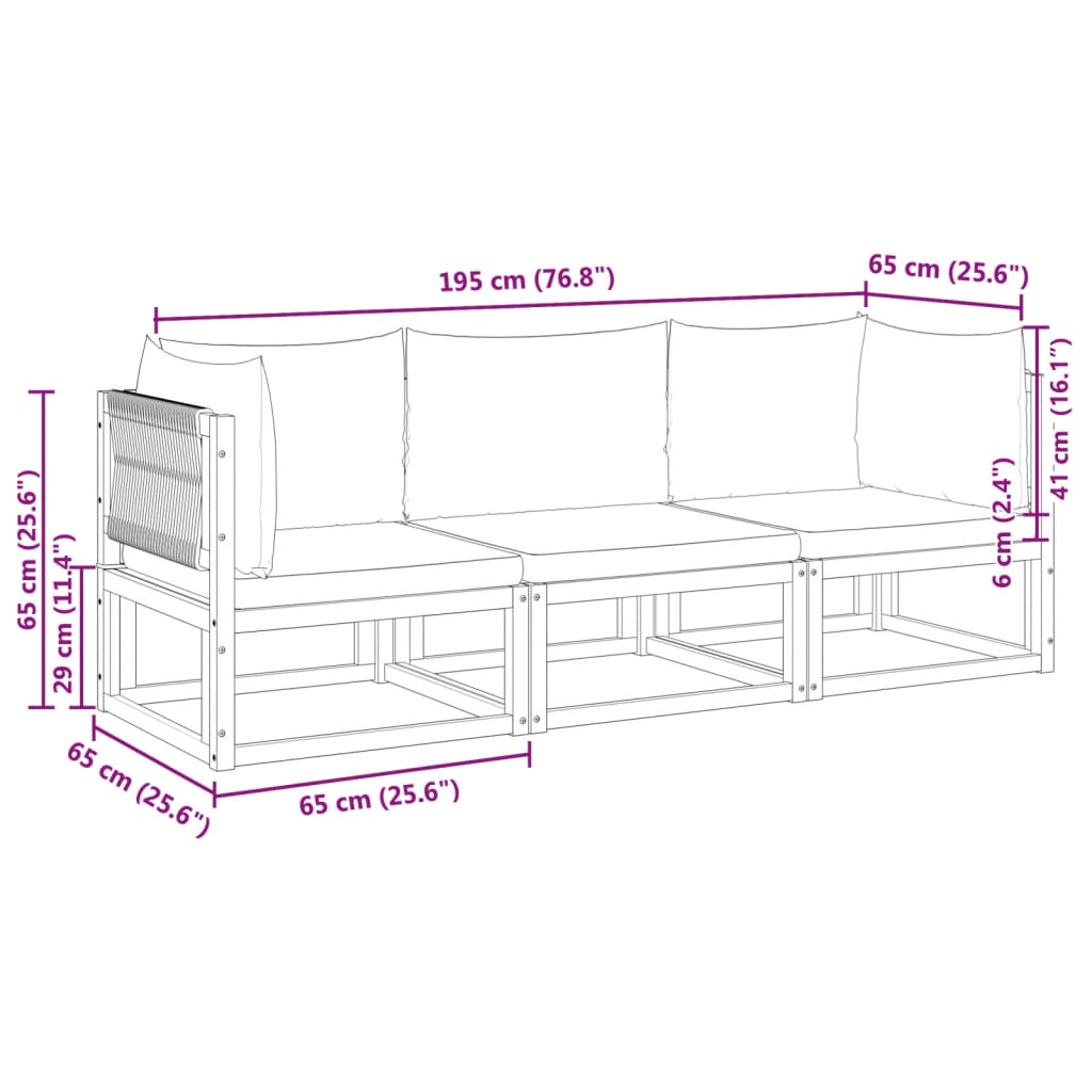 Set di divani da giardino 3 pezzi con cuscini in legno di acacia e corda | homemem39