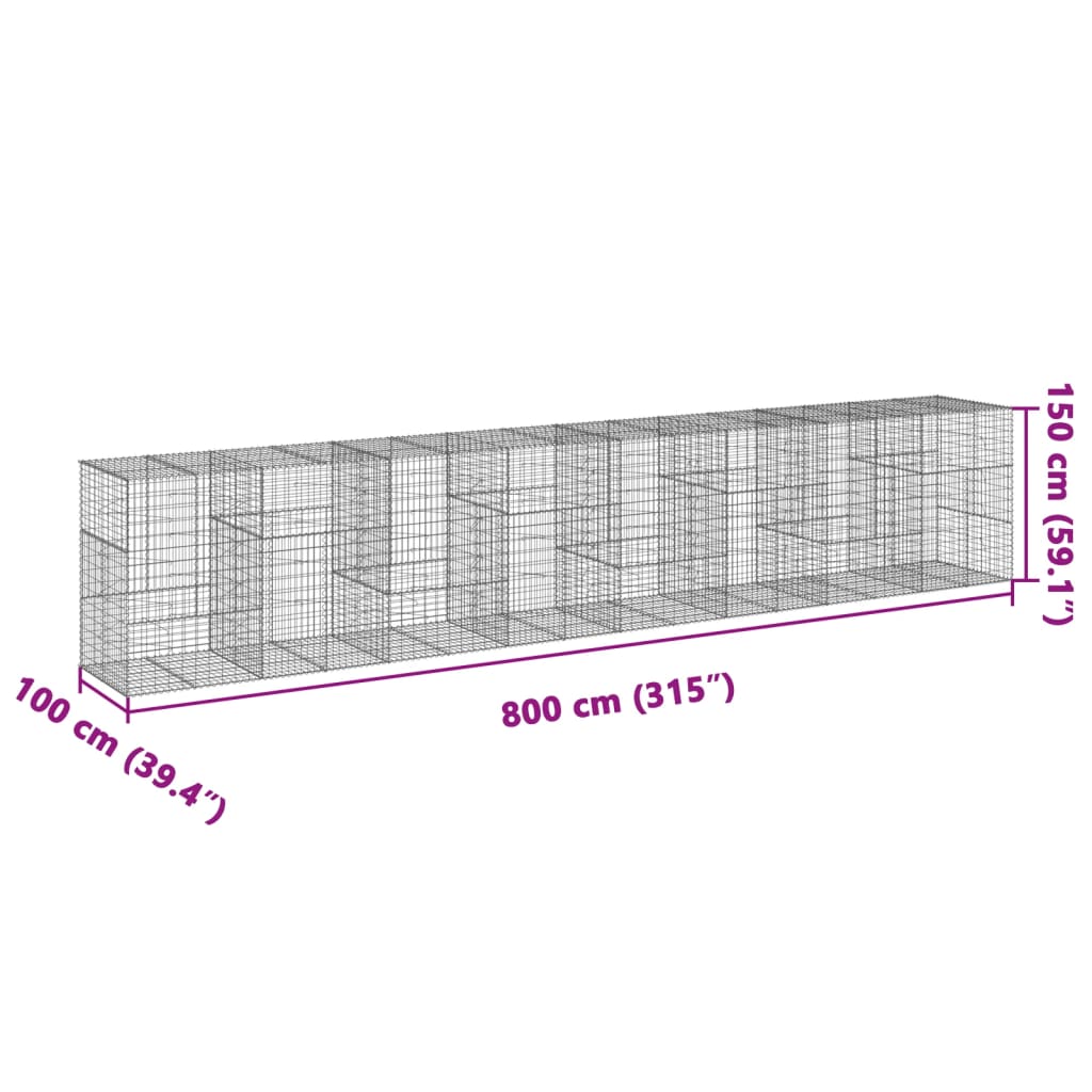 Cesto Gabbione con Copertura 800x100x150 cm in Ferro Zincato | homemem39