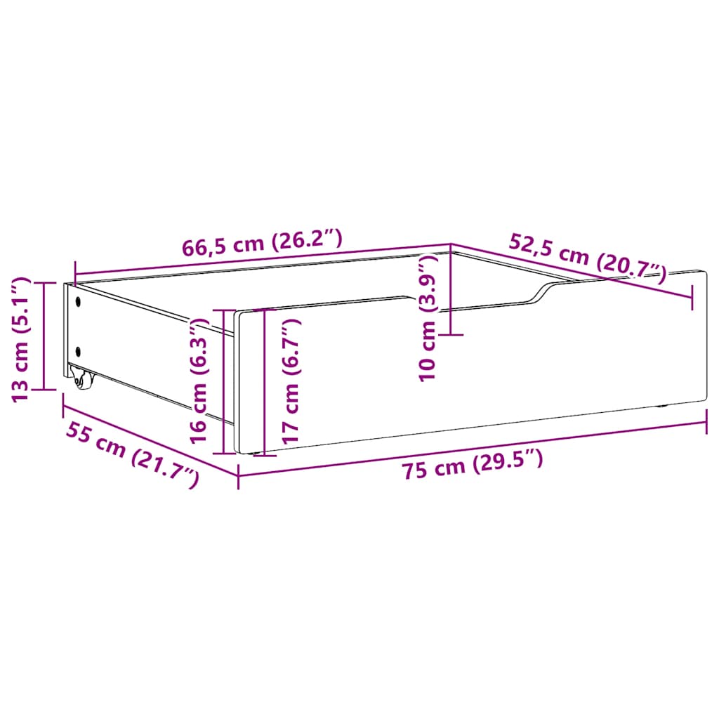 Cassettoni per Letto 2pz Marrone Cera 75x55x17 cm Legno di Pino