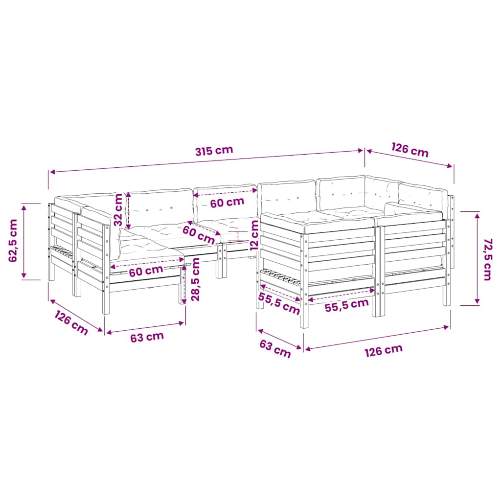 Set Divani da Giardino 9pz con Cuscini Legno Impregnato di Pino