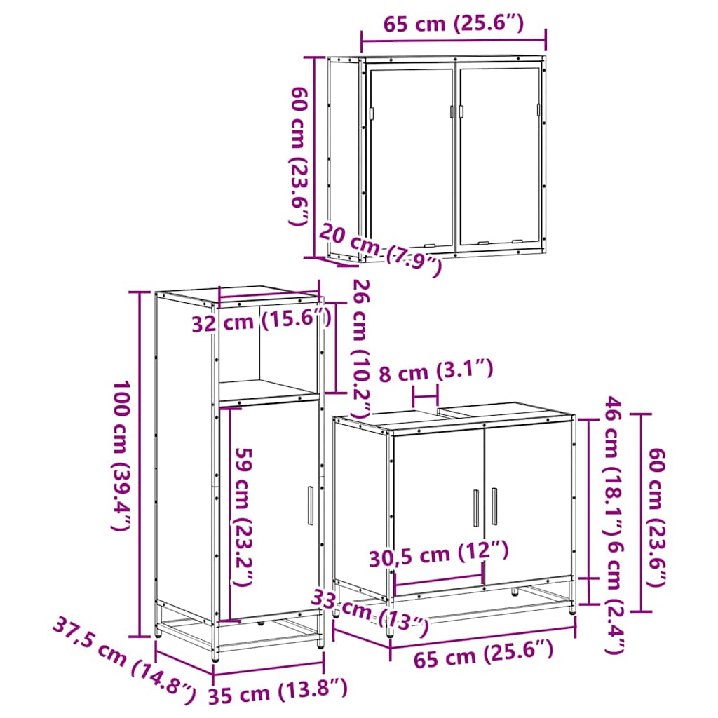 Set Mobili da Bagno 3 pz Grigio Sonoma in Legno Multistrato | homemem39