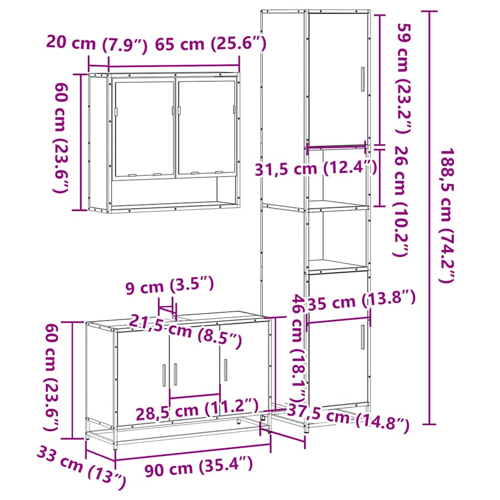 Set Mobili da Bagno 3 pz Rovere Fumo in Legno Multistrato | homemem39
