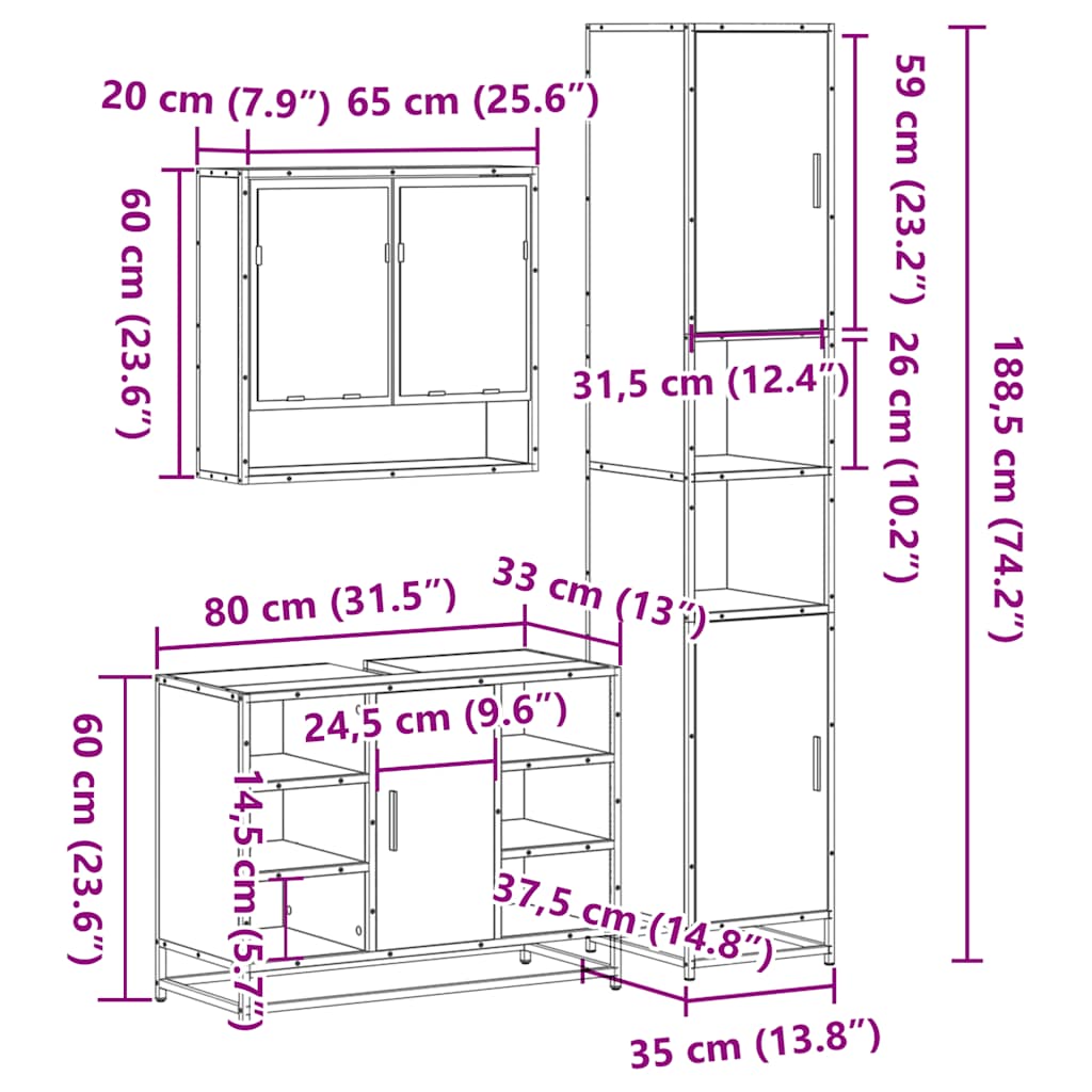 Set Mobili da Bagno 3 pz Rovere Fumo in Legno Multistrato | homemem39