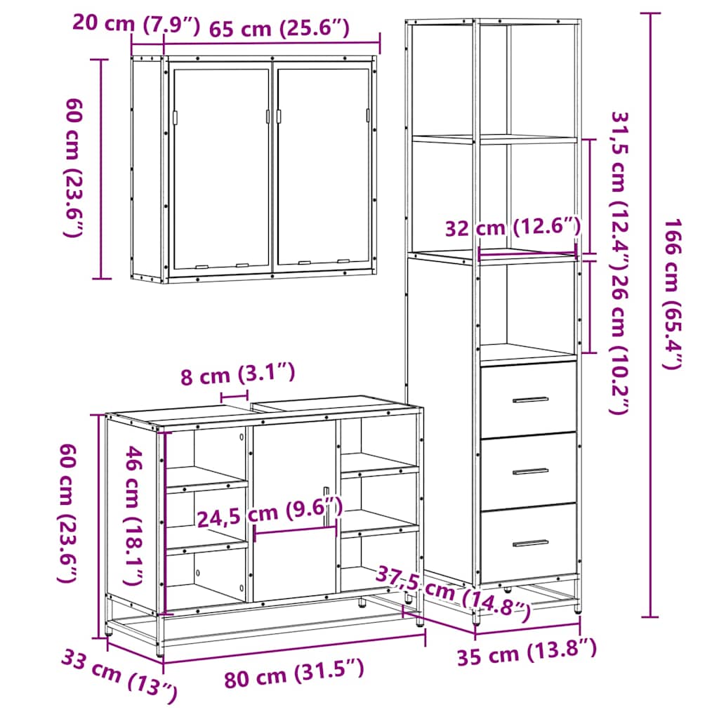 Set Mobili da Bagno 3 pz Rovere Fumo in Legno Multistrato | homemem39