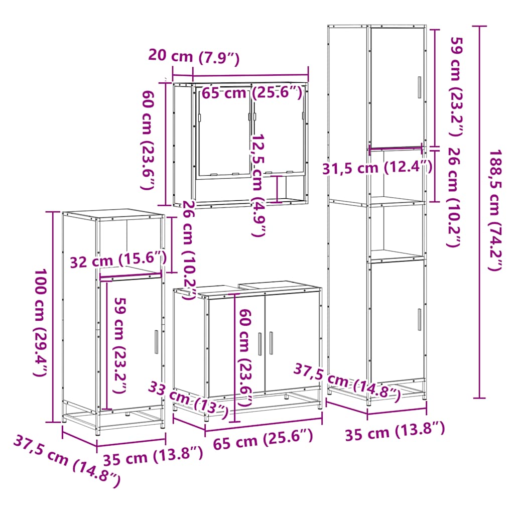 Set Mobili da Bagno 4 pz Rovere Fumo in Legno Multistrato | homemem39