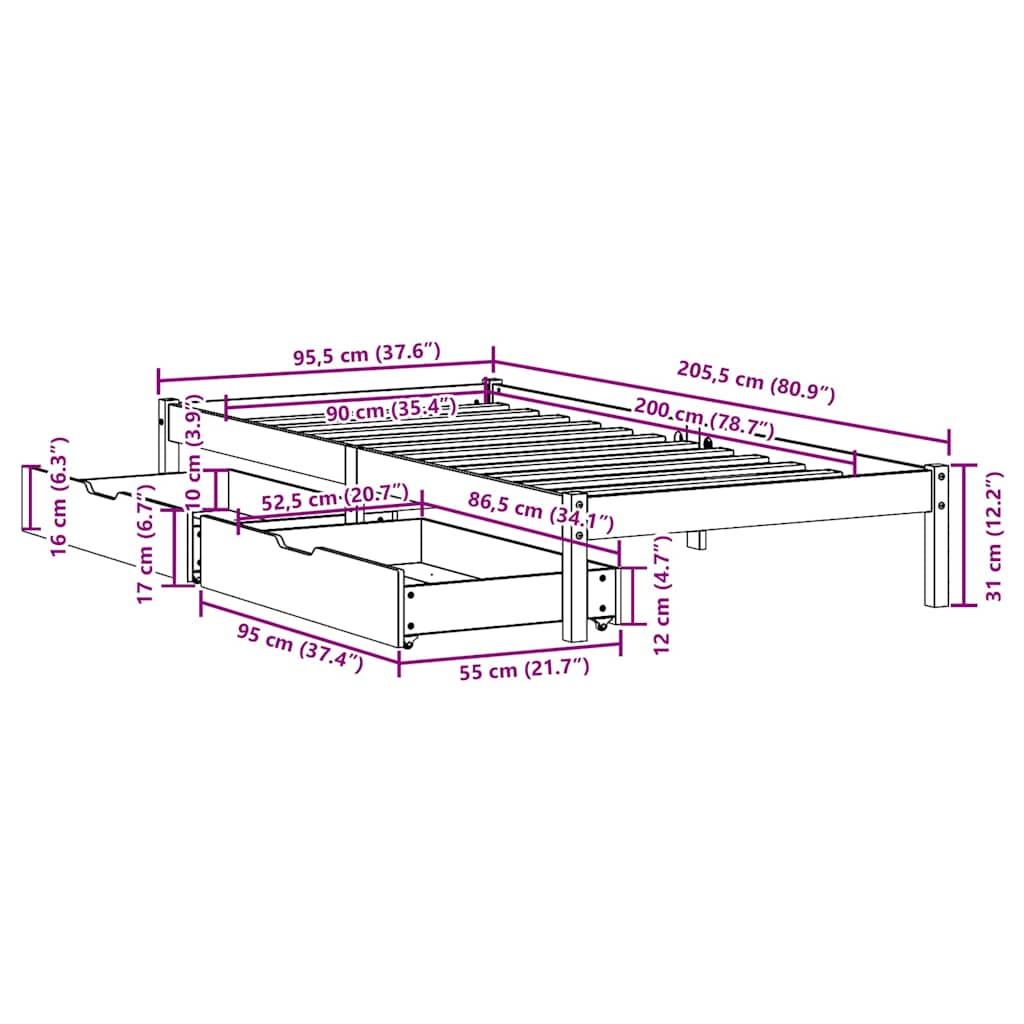 Letto senza Materasso Bianco 90x200 cm Legno Massello di Pino | homemem39