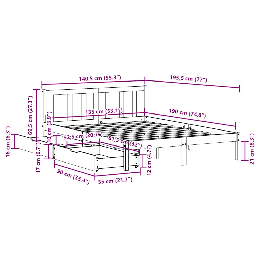 Letto senza Materasso Bianco 135x190 cm Legno Massello di Pino - homemem39