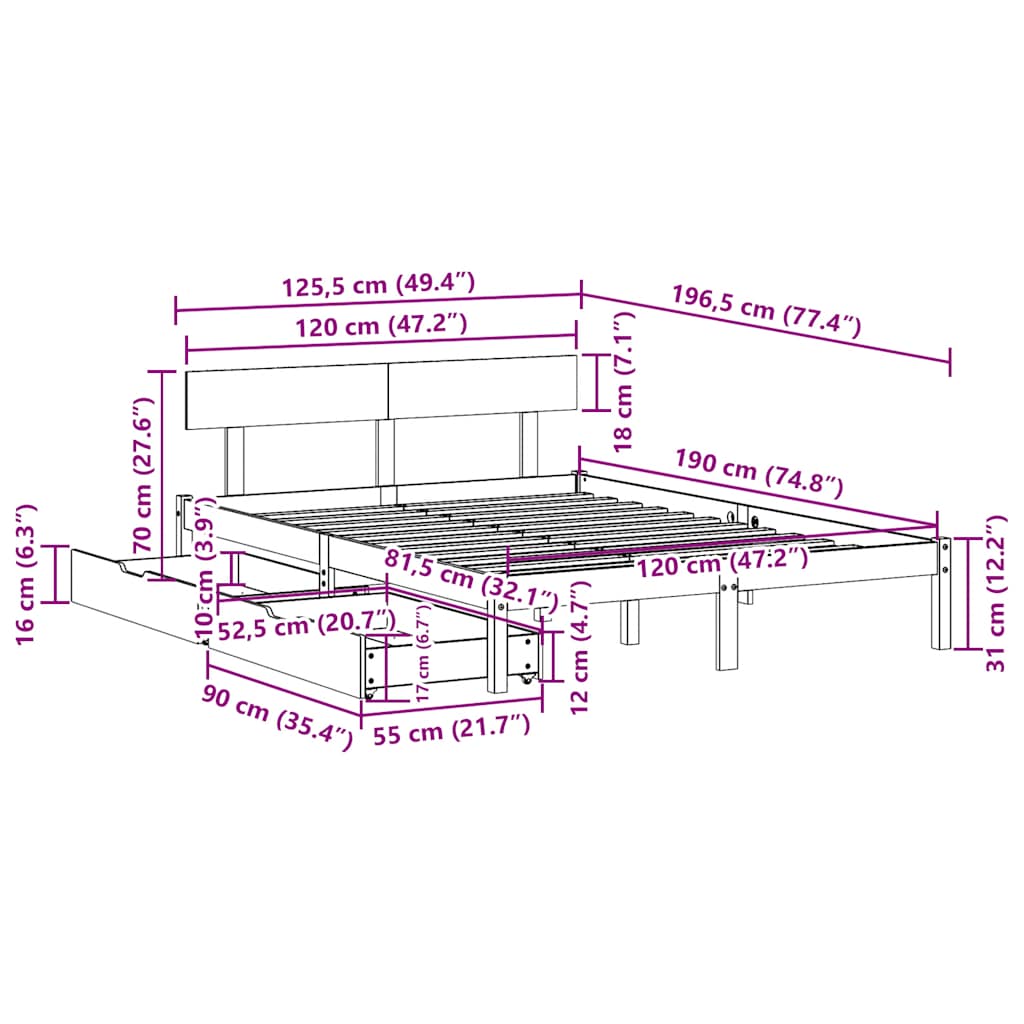 Letto senza Materasso 120x190 cm in Legno Massello di Pino | homemem39
