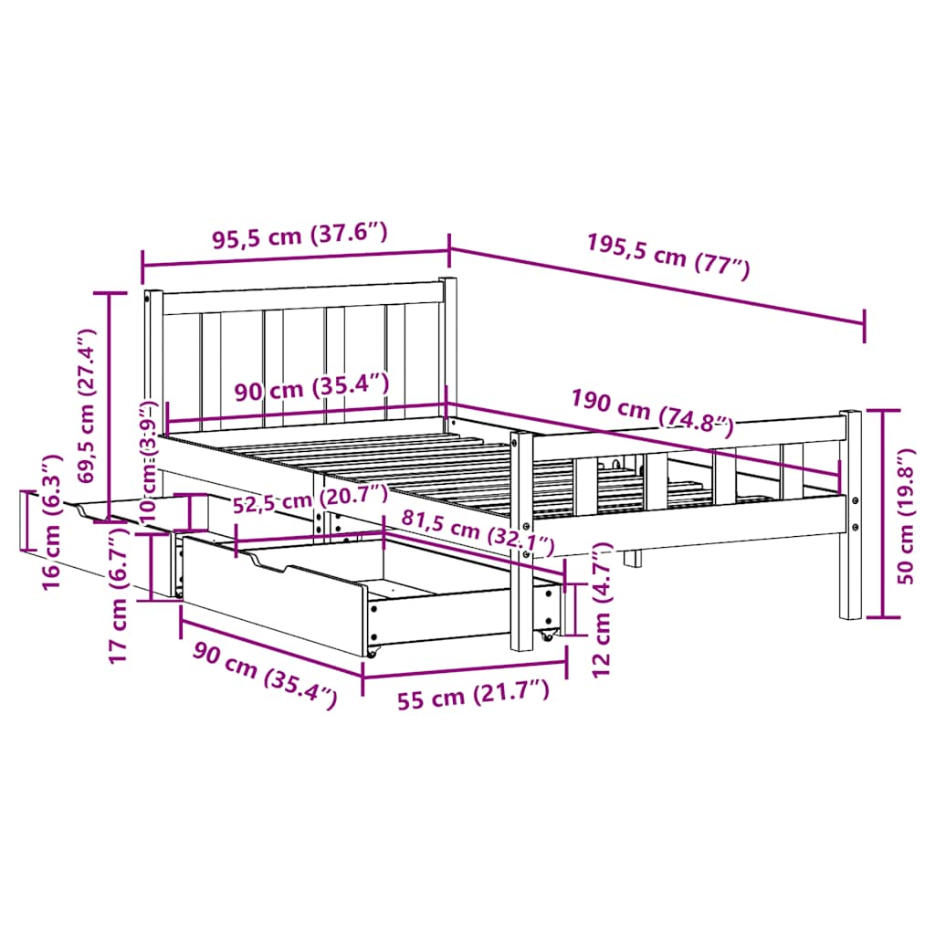 Letto senza Materasso 90x190 cm in Legno Massello di Pino | homemem39