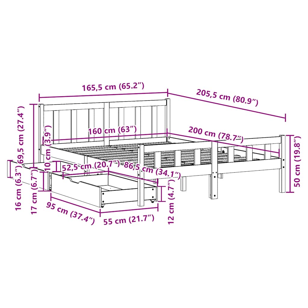 Letto senza Materasso Bianco 160x200 cm Legno Massello di Pino | homemem39