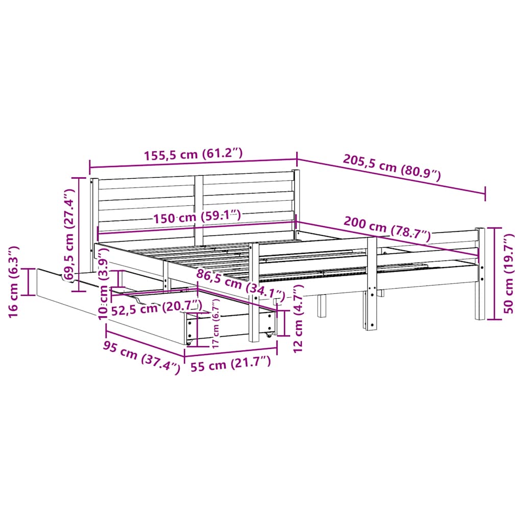 Letto senza Materasso Bianco 150x200 cm Legno Massello di Pino | homemem39