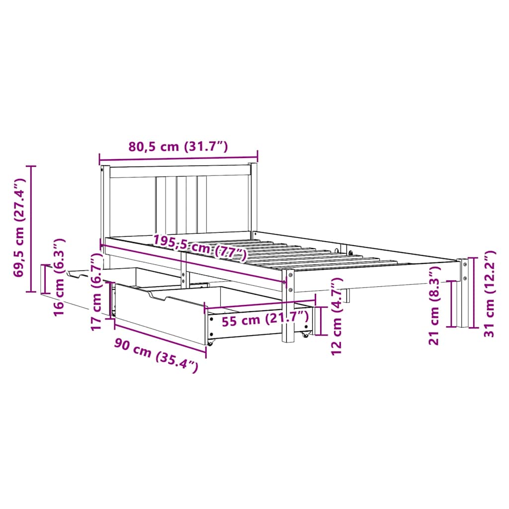 Letto senza Materasso 75x190 cm in Legno Massello Pino | homemem39
