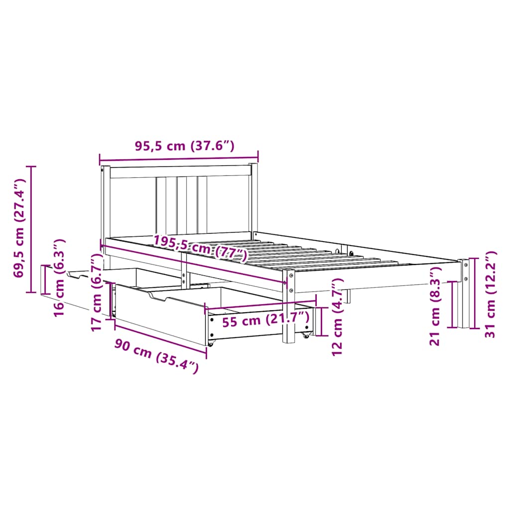 Letto senza Materasso 90x190 cm in Legno Massello di Pino | homemem39