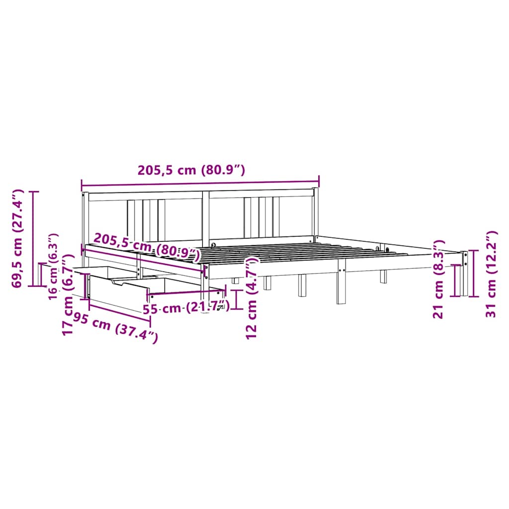 Letto senza Materasso 200x200 cm in Legno Massello di Pino