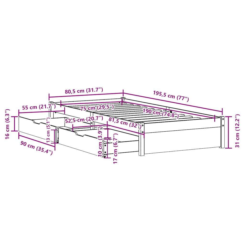 Letto senza Materasso Bianco 75x190 in Legno Massello di Pino | homemem39