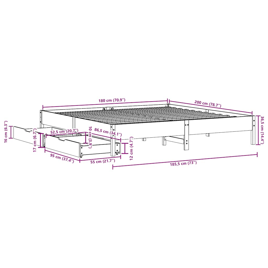 Letto senza Materasso Bianco 180x200 cm Legno Massello di Pino | homemem39