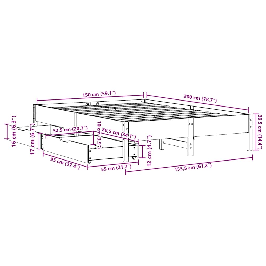 Letto senza Materasso Marrone Cera 150x200 cm in Legno di Pino | homemem39