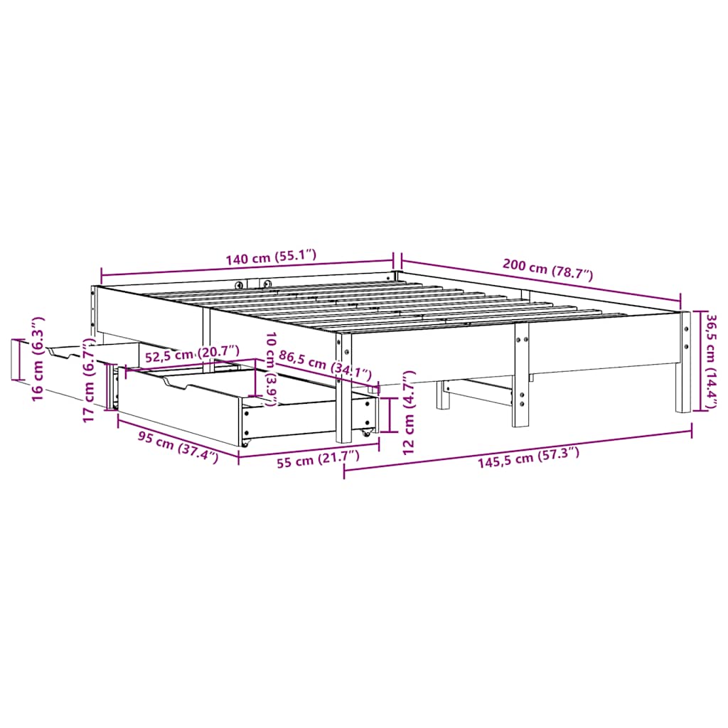 Giroletto senza Materasso Marrone Cera 140x200cm Massello Pino | homemem39
