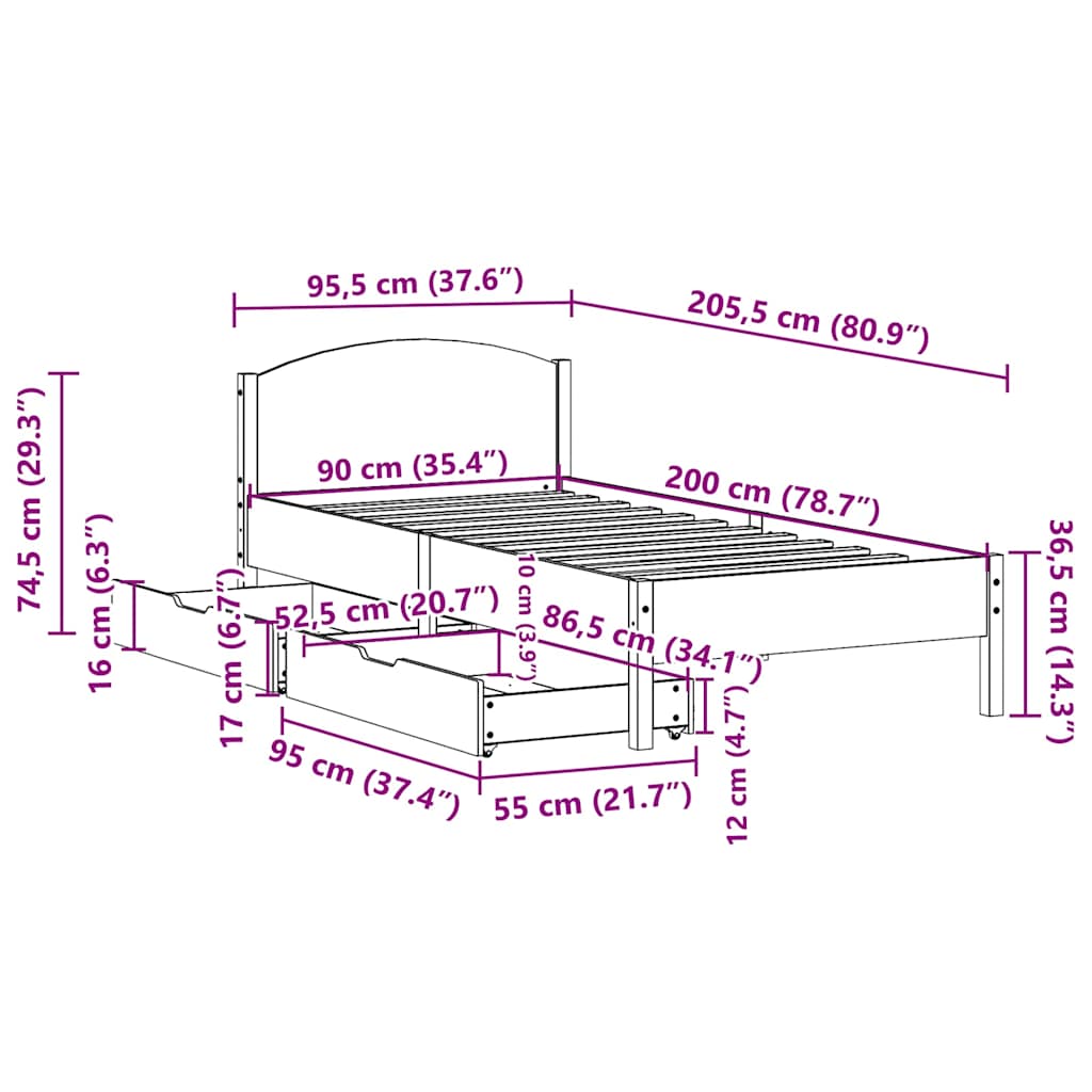 Letto senza Materasso Bianco 90x200 cm Legno Massello di Pino | homemem39