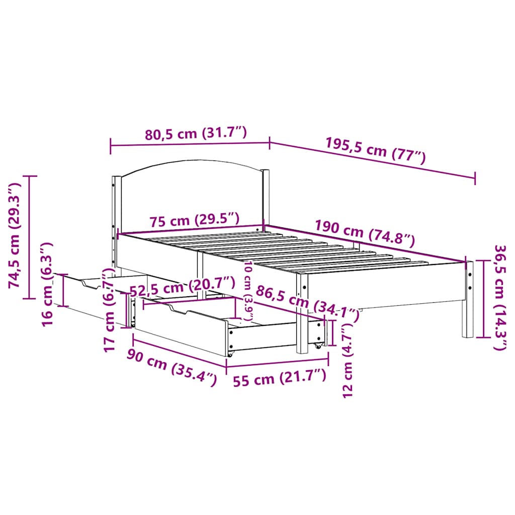 Letto senza Materasso Bianco 75x190 in Legno Massello di Pino | homemem39