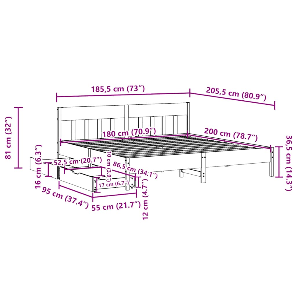 Letto senza Materasso Marrone Cera 180x200 cm in Legno di Pino | homemem39