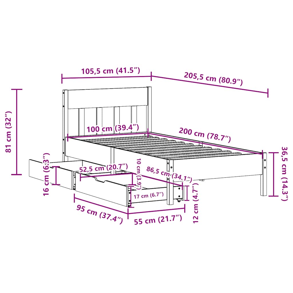Letto senza Materasso Marrone Cera 100x200 cm in Legno di Pino | homemem39