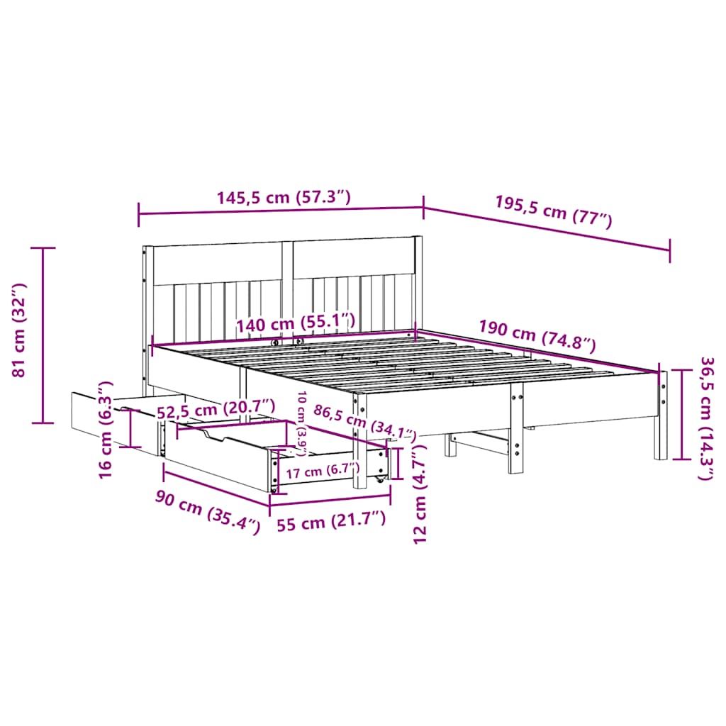 Letto senza Materasso 140x190 cm in Legno Massello di Pino | homemem39