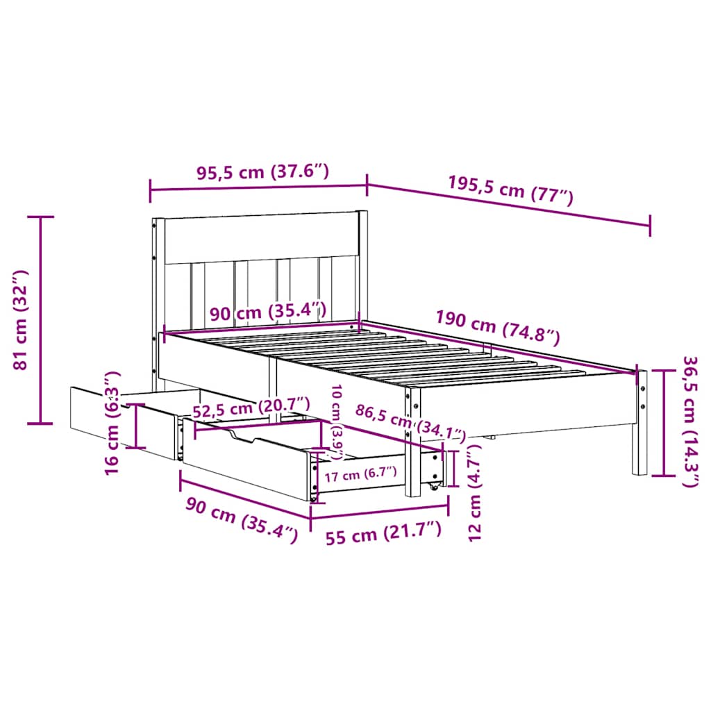 Letto senza Materasso Marrone Cera 90x190 cm in Legno di Pino | homemem39