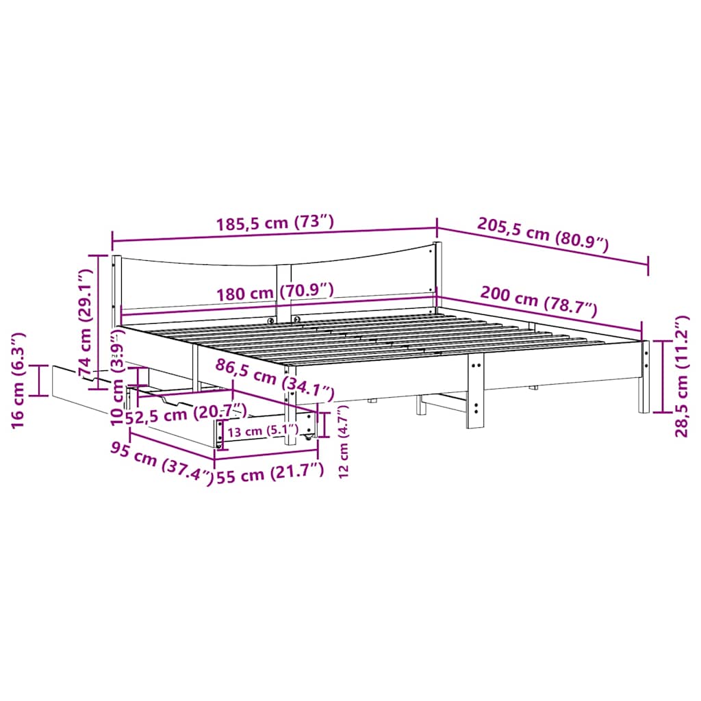 Giroletto con Cassetti Marrone Cera 180x200 Legno Massello Pino | homemem39