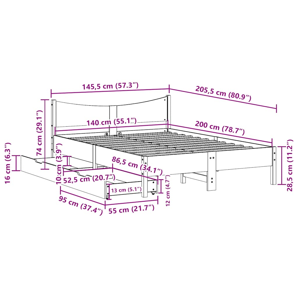 Giroletto con Cassetti Bianco 140x200 cm Legno Massello di Pino | homemem39