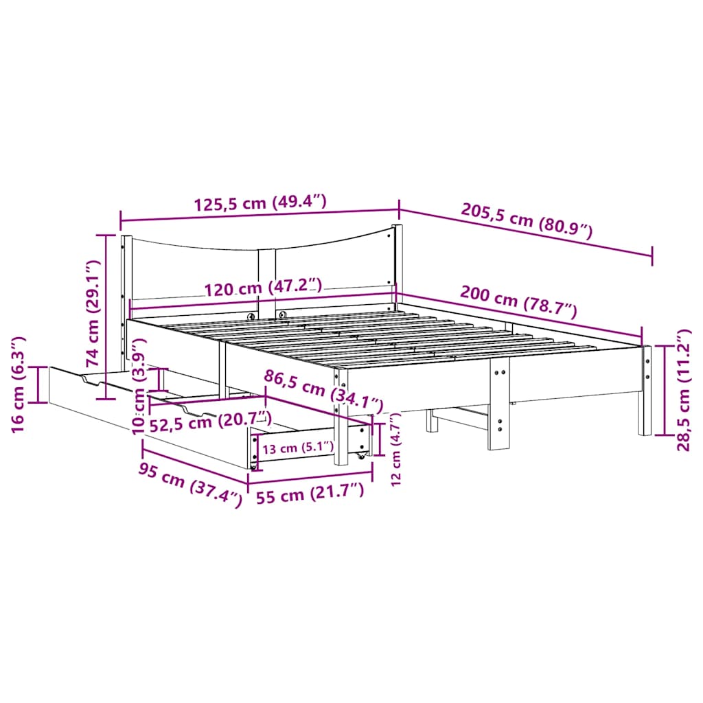 Giroletto con Cassetti Bianco 120x200 cm Legno Massello di Pino | homemem39