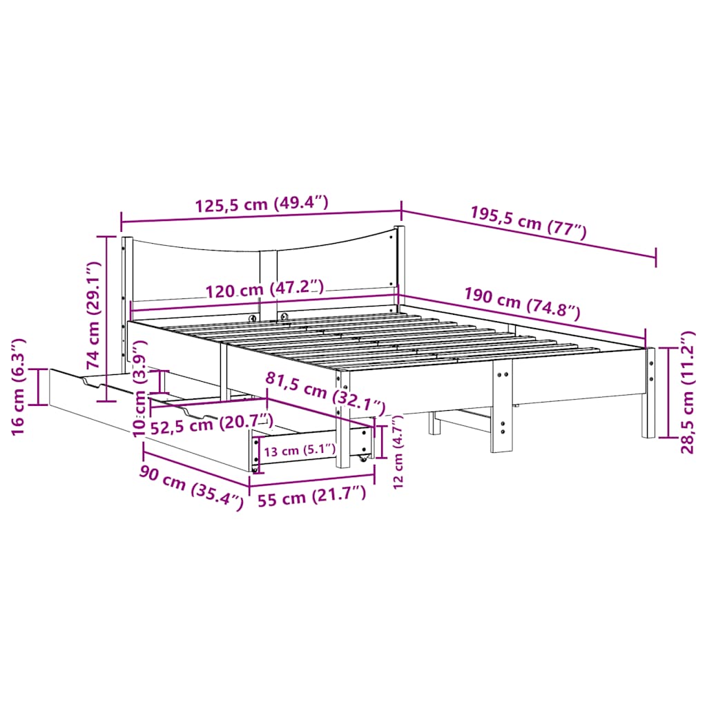 Giroletto con Cassetti Bianco 120x190 cm Legno Massello di Pino | homemem39