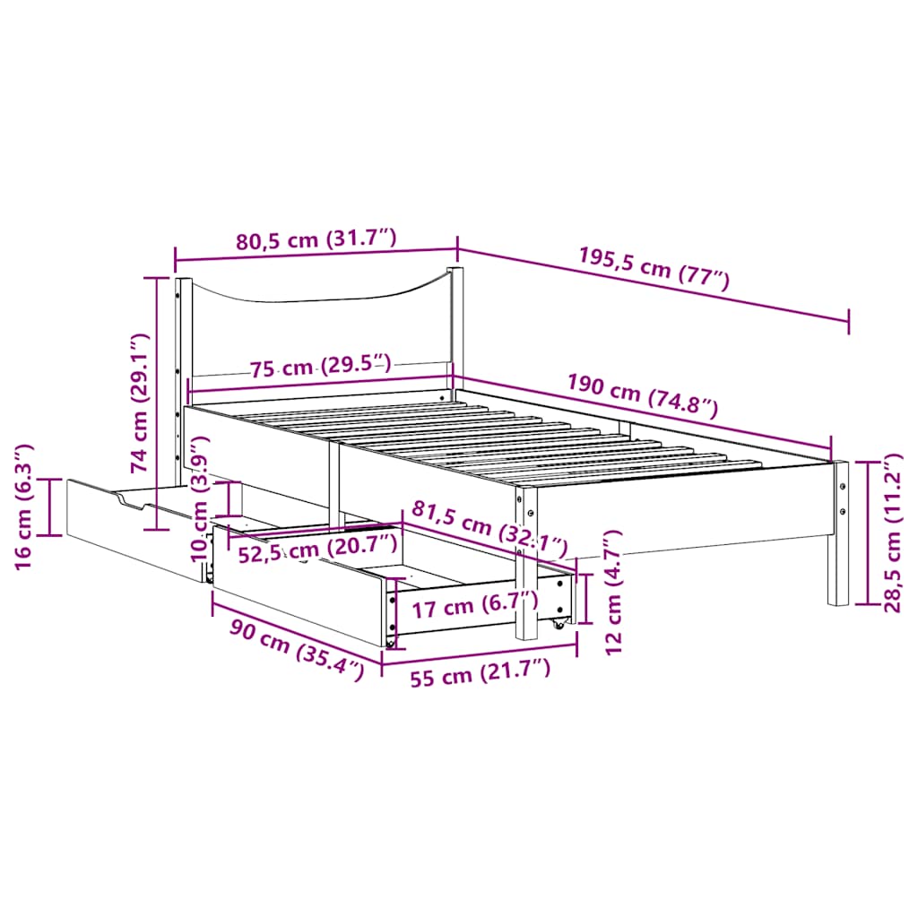 Giroletto Cassetti Marrone Cera 75x190cm in Legno Massello Pino | homemem39