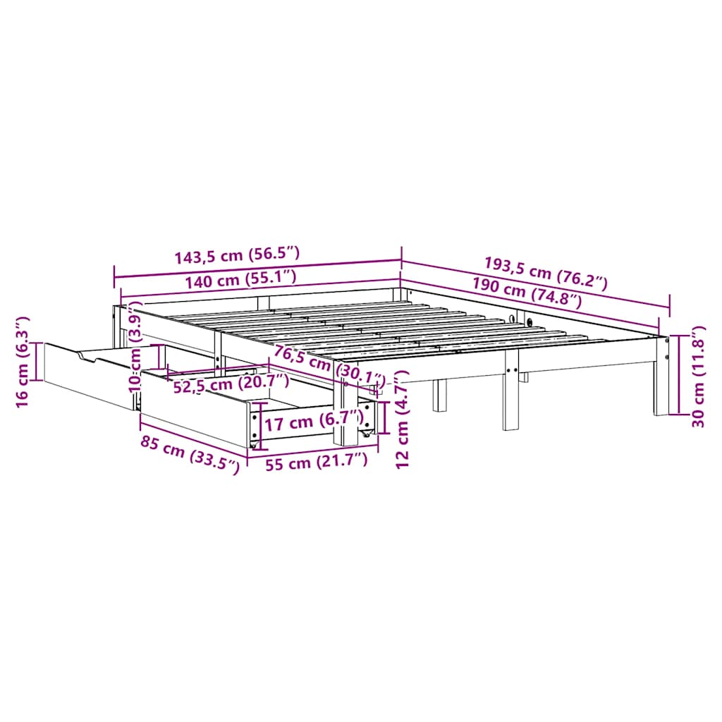 Giroletto Cassetti Marrone Cera 140x190 cm Legno Massello Pino | homemem39