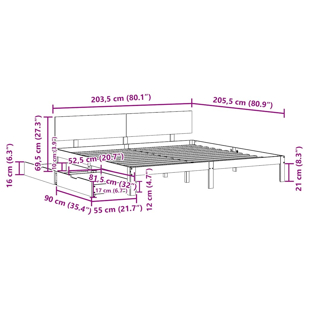 Giroletto con Cassetti Bianco 200x200 cm Legno Massello di Pino | homemem39