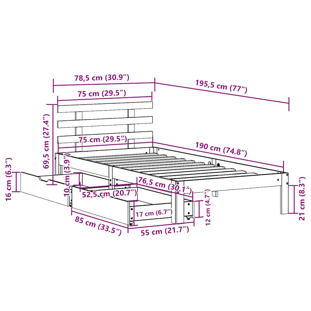 Giroletto con Cassetti Bianco 75x190 cm Legno Massello di Pino | homemem39